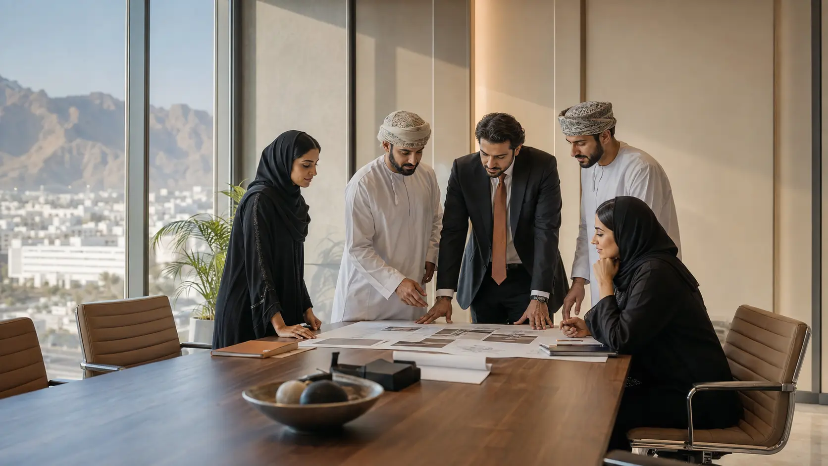 An Omani-led business team collaborating in a Muscat office