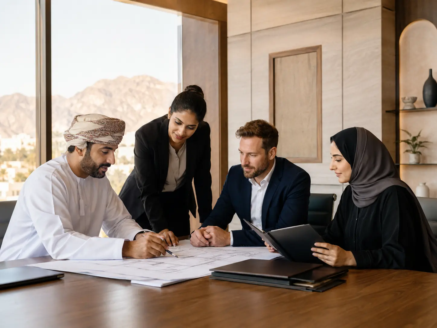 An Omani business lead and professional team reviewing civil plans and staffing documents in Muscat