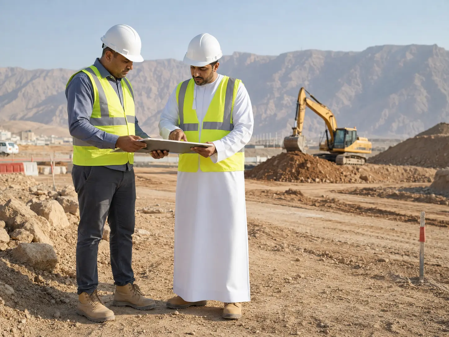 An Omani civil engineer and project representative reviewing plans at an excavation site in Oman