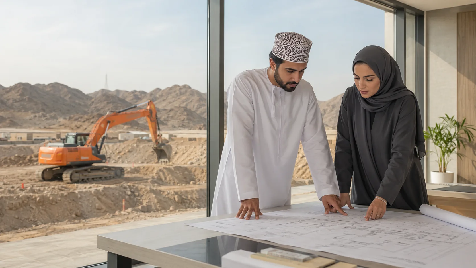 مهنيون عُمانيون يراجعون خطط القوى العاملة والمشروع بجوار موقع صناعي