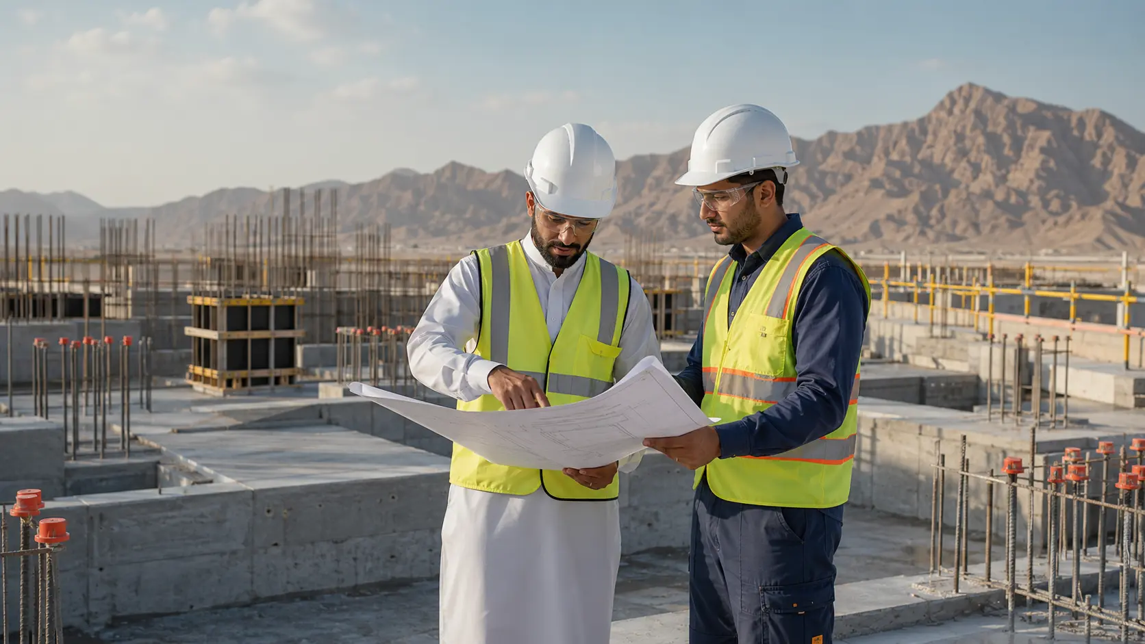 Civil engineers reviewing foundation plans at an Oman project site