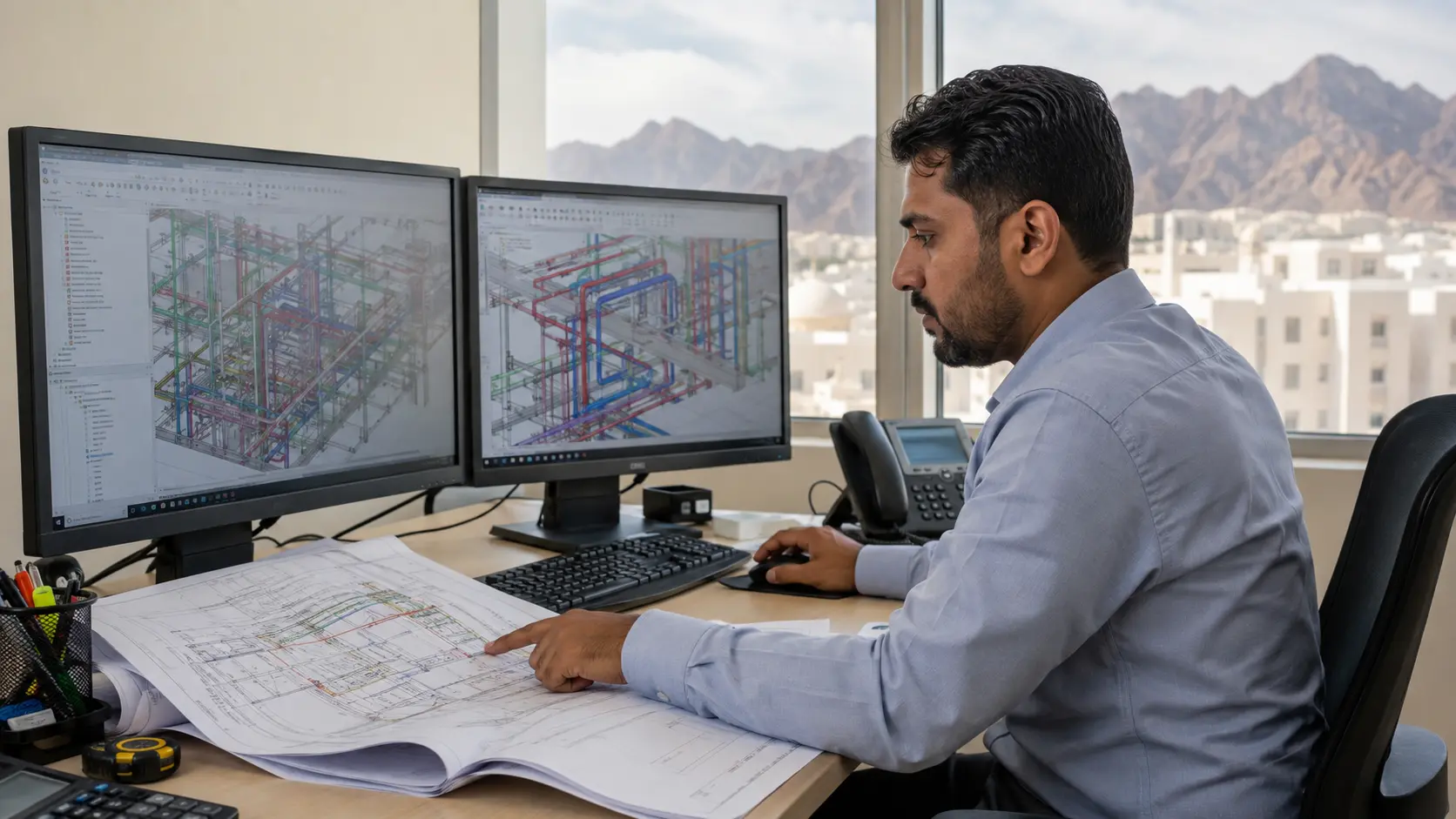 An MEP draftsman reviewing coordinated building-services drawings in a Muscat engineering office